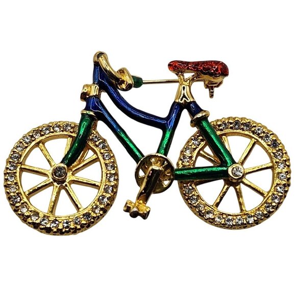 Unbranded Jewelry - Vintage Enamel Rhinestone Bicycle Brooch Pin, Colorful Articulated Wheels